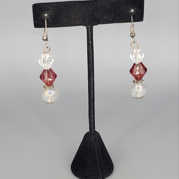 Plastic Clear and Burgundy Dangle Earrings and Burgundy Wooden Stretch Bracelet - Picture 3 of 9